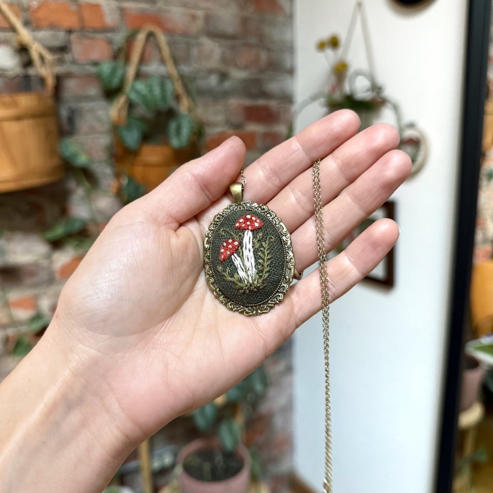 Embroidered Mushroom Pendant Necklace